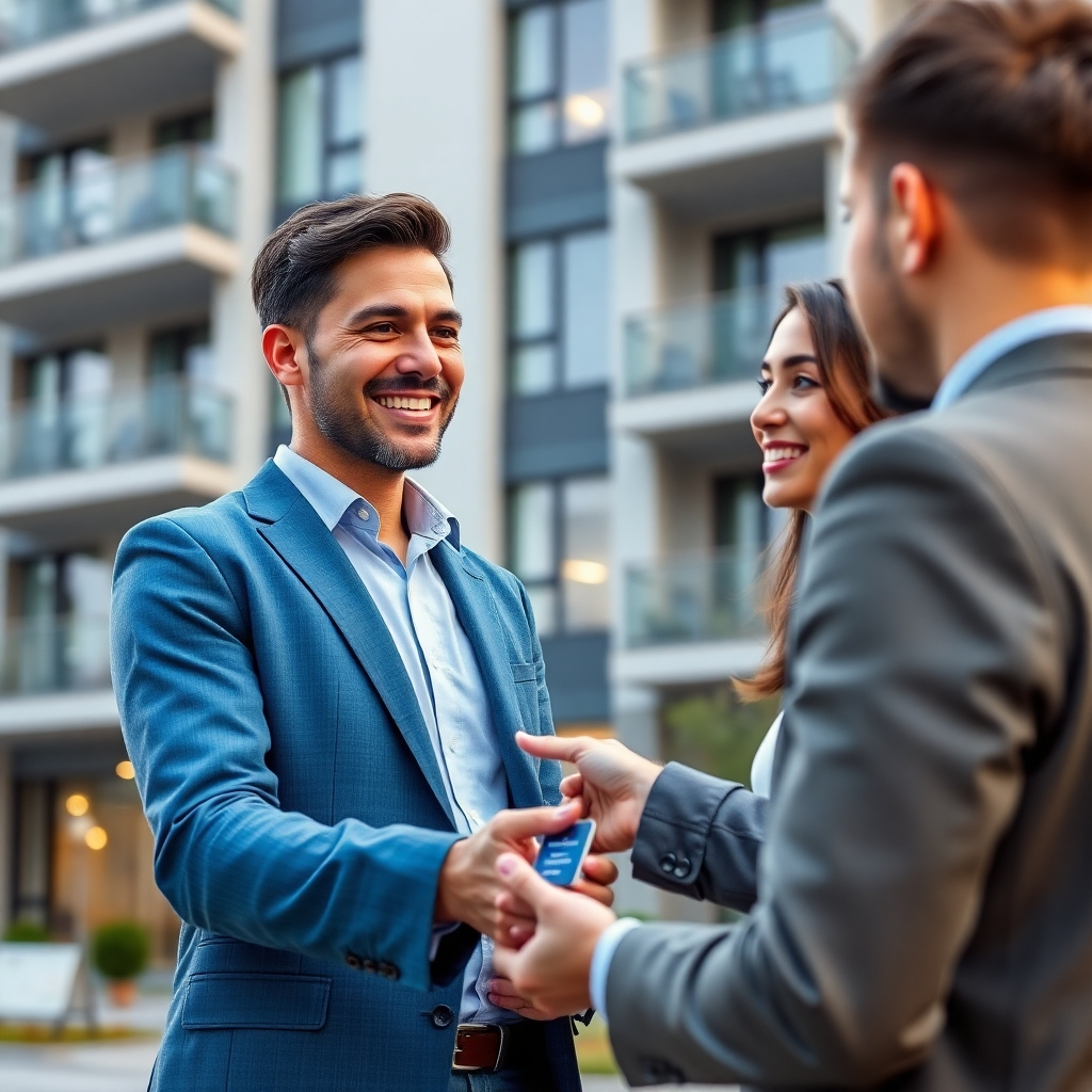 A photorealistic image of a happy tenant receiving a key from a friendly property manager in front of a modern apartment building. The image should evoke a sense of trust and efficiency. The background should be slightly blurred, with a focus on the interaction between the property manager and the tenant.