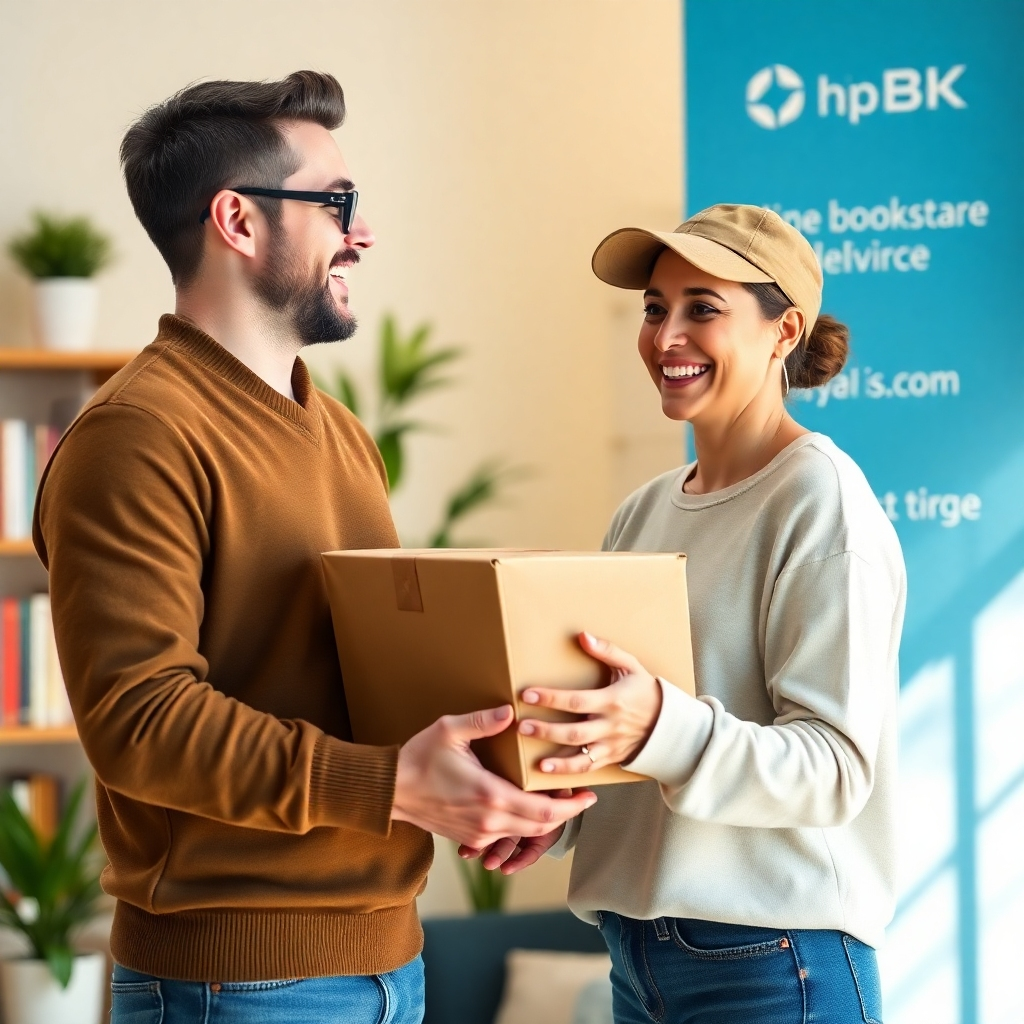 A photorealistic image of a happy customer receiving a neatly packaged book delivery at their home. The image should focus on the positive interaction between the customer and the delivery person, with a background showcasing the online bookstore's logo and branding subtly.  The overall tone should be friendly, efficient and reliable, conveying trust and excellent customer service.