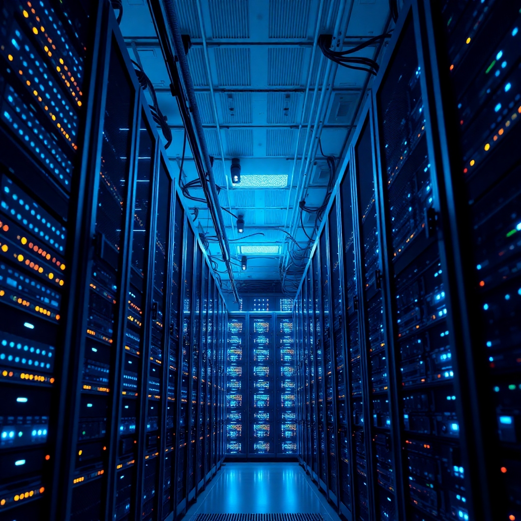A photorealistic image of a high-performance server room, filled with rows of blinking lights and cooling systems. The lighting is dramatic, highlighting the power and reliability of the servers. The color palette is dominated by blues and grays, conveying stability and security. The image should convey speed and efficiency.