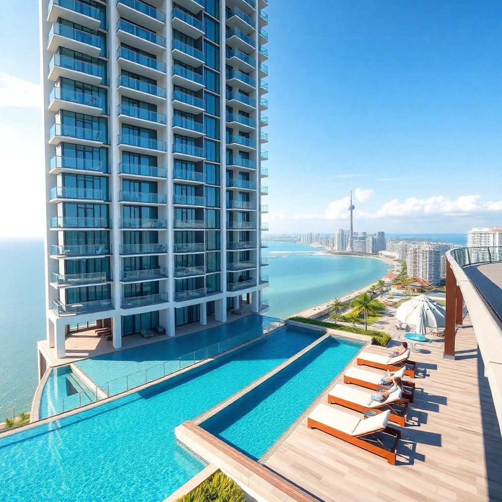 A photorealistic image of a high-rise luxury condominium building in Pattaya, Thailand, with stunning ocean views. The image should showcase a modern and sleek design, with large balconies and floor-to-ceiling windows. The pool area should be visible, with luxurious sun loungers and clear turquoise water. The city skyline should be visible in the background. The lighting should be bright and sunny. The image needs to convey a sense of luxury and modern living.