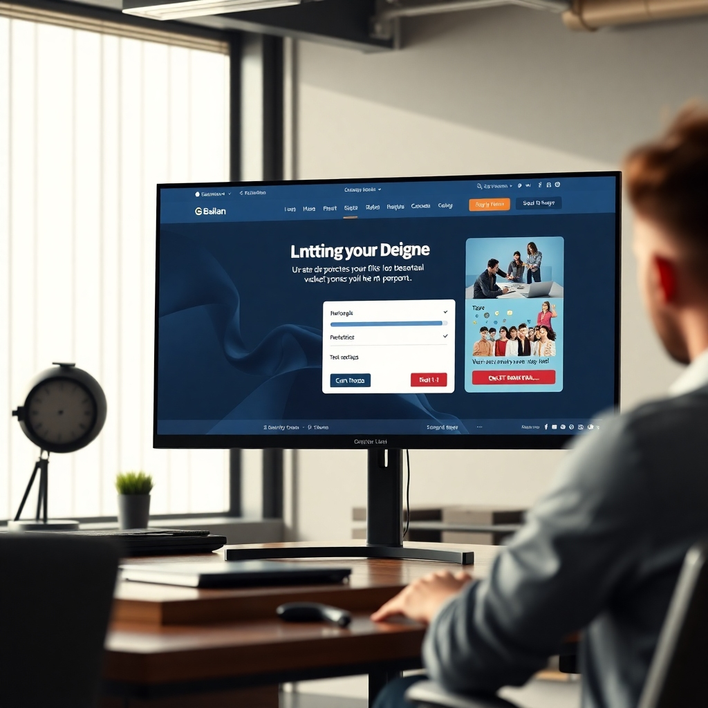 A photorealistic image of a high-converting landing page on a large monitor, with elements like strong call-to-actions and compelling visuals. The scene could be set in a stylish office, perhaps with a designer reviewing the page's performance metrics. Lighting should be bright and showcase the page's aesthetic appeal. The camera angle should emphasize the detail of the page's design elements.