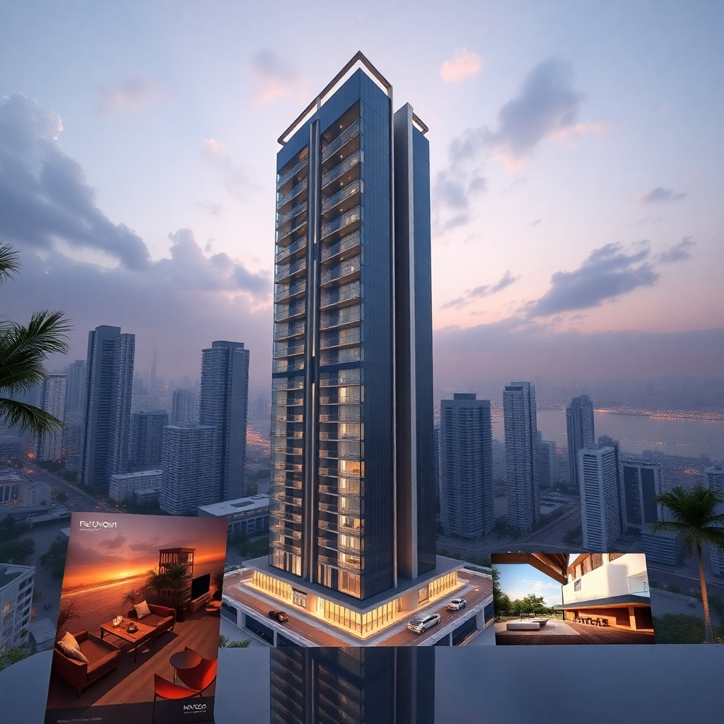 A photorealistic image of a high-rise condominium building with a sleek, modern design. The image should also include marketing materials, such as brochures and online advertisements, showcasing the building's features and amenities.  The overall feel should be luxurious and aspirational.