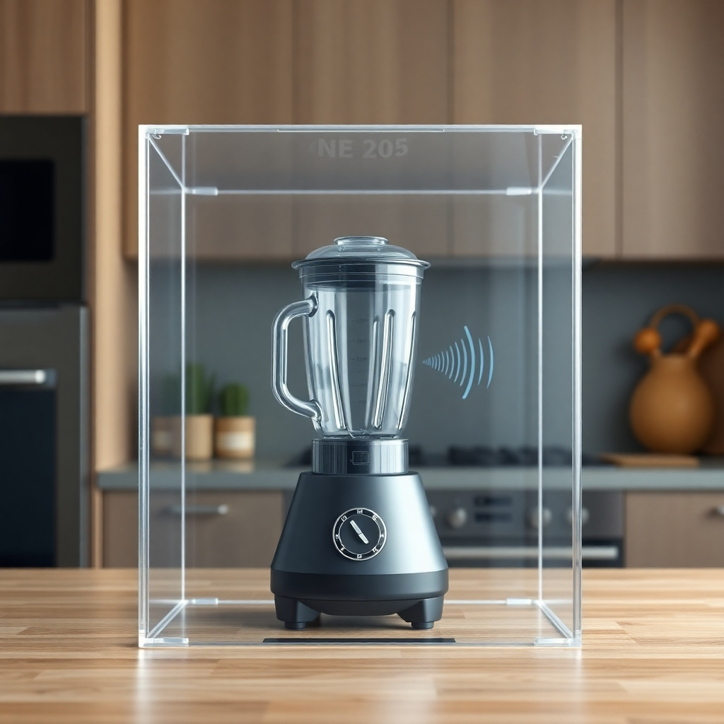 A photorealistic image of a high-quality acrylic soundproof box with a blender inside. The box should be transparent, showing the blender clearly. The background should be a modern kitchen setting with muted colors. The image should emphasize the sound dampening effect by showing a sound wave graphic subtly fading as it nears the box.  Focus on the visual reduction of sound around the box.