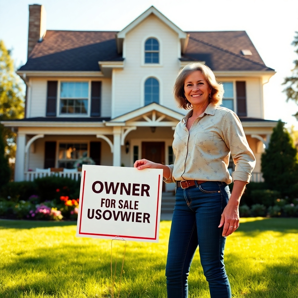 A photorealistic image of a homeowner standing proudly in front of their house, holding a 'For Sale by Owner' sign.  The house should be a beautiful, well-maintained home with a lush green lawn and flowers. The homeowner should look happy and confident. The lighting should be bright and sunny, creating a positive and welcoming atmosphere. The overall aesthetic should be high-end and aspirational.