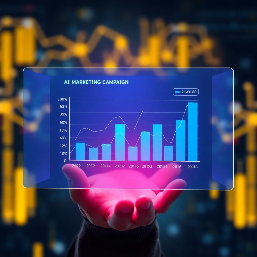 A photorealistic image of a holographic projection displaying charts and graphs illustrating the success of a marketing campaign. Data points should be visually prominent, showing key performance indicators improving over time. The background should include abstract elements representing AI algorithms processing data.