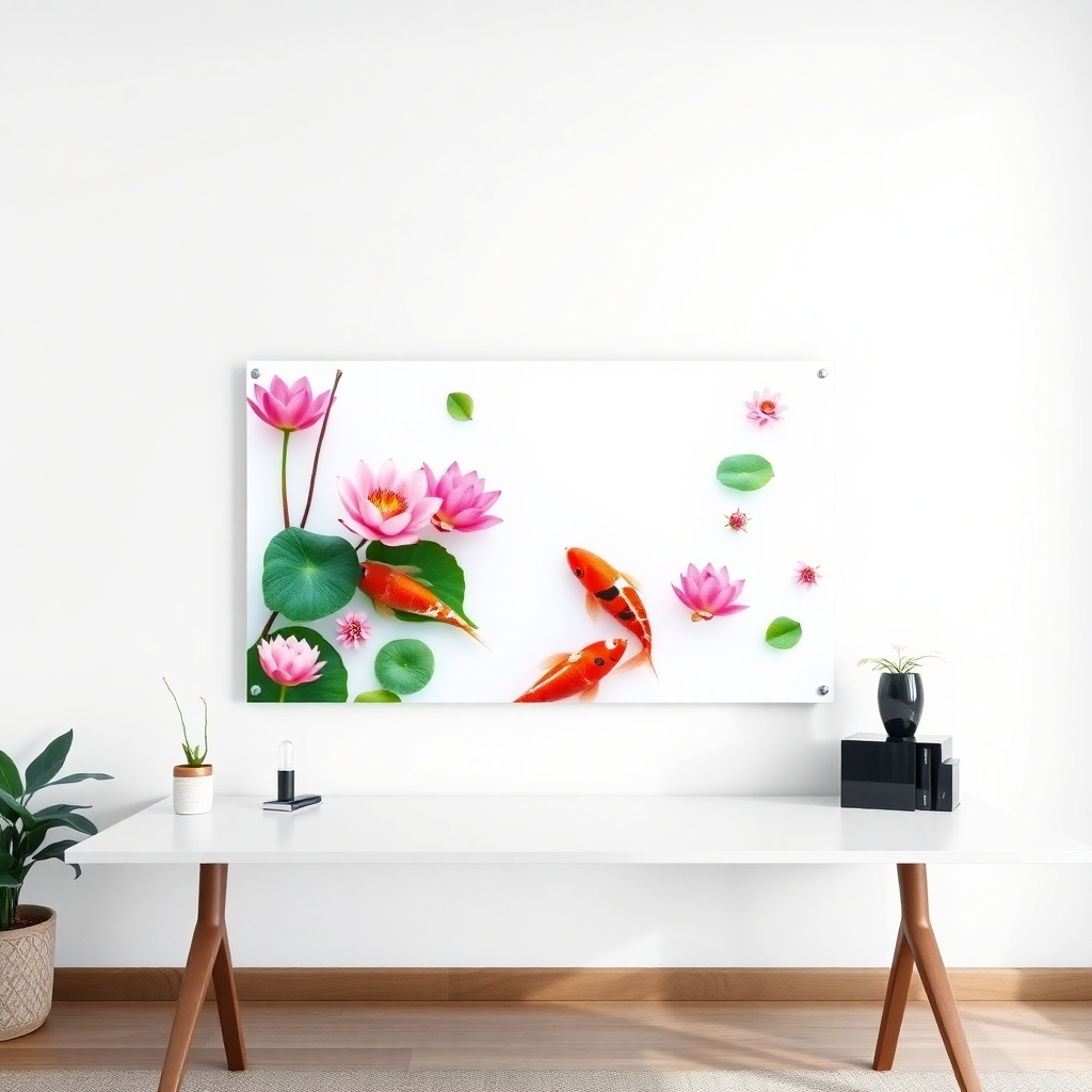 A photorealistic image of a home office featuring a UV-printed artwork depicting a vibrant koi pond with lotus flowers. The artwork is mounted on an acrylic panel and placed on a minimalist desk.  The background is a clean, white wall, creating a sense of tranquility and calm. The style should be clean and modern, while still incorporating traditional elements of feng shui.
