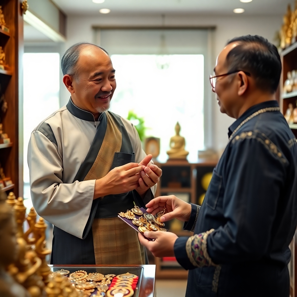 A photorealistic image of a knowledgeable consultant advising a client on the selection of an amulet. The consultant is wearing traditional Thai clothing and has a kind and reassuring demeanor. The client is listening attentively and holding a selection of amulets. The setting is a serene and welcoming shop environment. The lighting is soft and natural, creating a comfortable atmosphere. The overall style is professional and trustworthy, conveying a sense of expertise and personalized service. 4k Resolution.