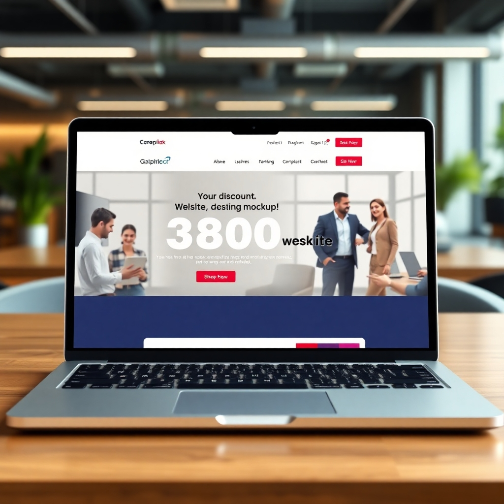 A photorealistic image of a laptop displaying a website design mockup with a prominent "3800 บาท discount" banner.  The background should subtly feature a modern office setting with diverse people collaborating. The image should convey professionalism, value, and ease of use.