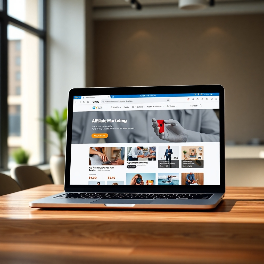 A photorealistic image of a laptop displaying a website with affiliate marketing links, clearly showing commission percentages and product images. The background should be a modern, minimalist office setting with natural light. The overall mood should be professional and trustworthy.