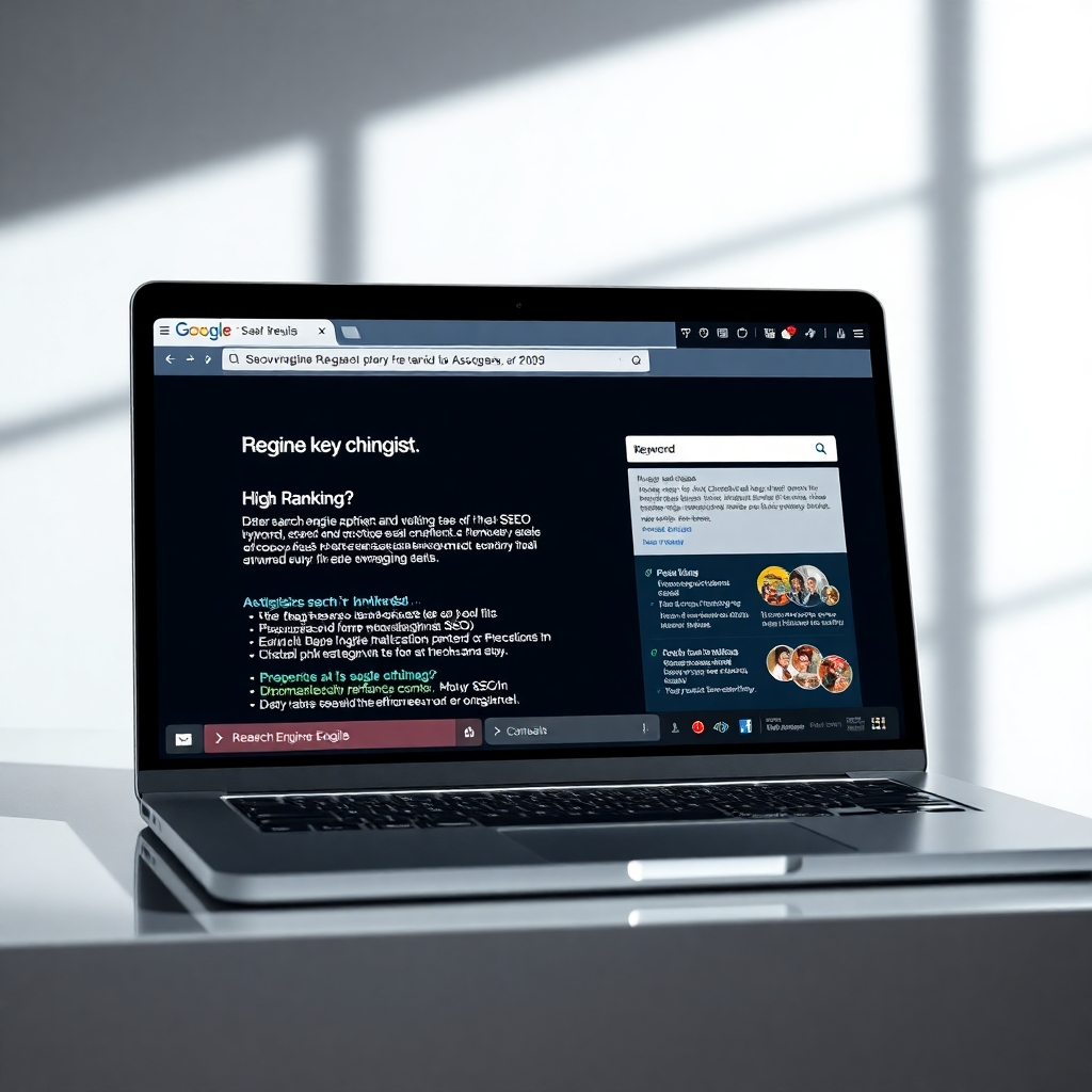 A photorealistic image of a laptop displaying a website with high search engine optimization (SEO) ranking.  Show keywords highlighted in the website content and a Google search results page with the website at the top of the results.  The overall aesthetic should be clean, modern, and professional, conveying success and high rankings.