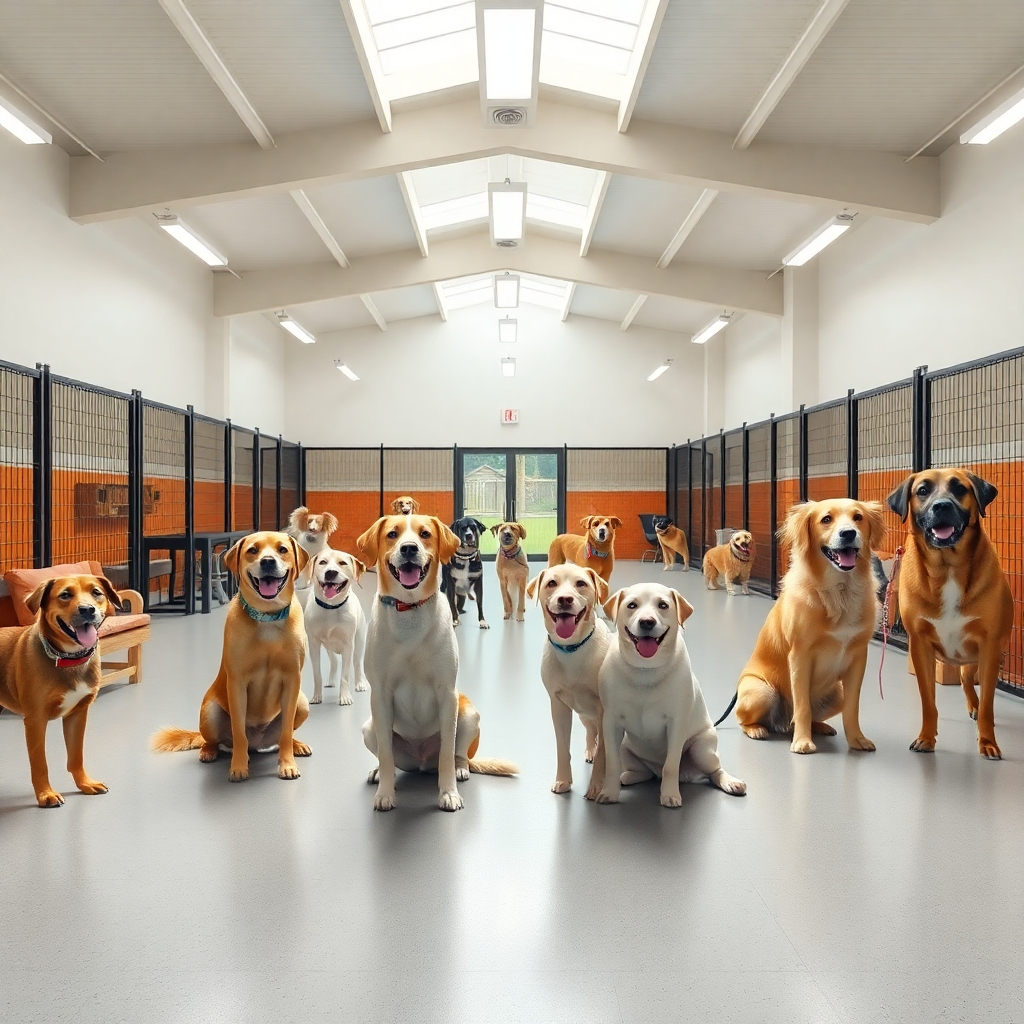 A photorealistic image of a large, clean, and well-maintained dog boarding facility with spacious indoor and outdoor play areas. Show happy dogs of different sizes and breeds interacting safely and comfortably, with visible security features subtly integrated into the environment. The image should have bright, natural lighting and a welcoming atmosphere.