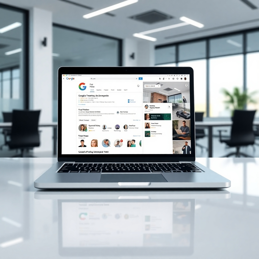 A photorealistic image of a laptop displaying a fully optimized Google My Business profile, showcasing rich details like photos, descriptions, and positive reviews.  The background should be a modern, minimalist office setting. The image should evoke a feeling of professionalism and efficiency.