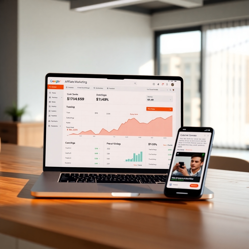 A photorealistic image of a laptop displaying an affiliate marketing dashboard showing sales and commissions, with a smartphone nearby displaying a product advertisement. The background should be a modern, minimalist office setting with natural light.