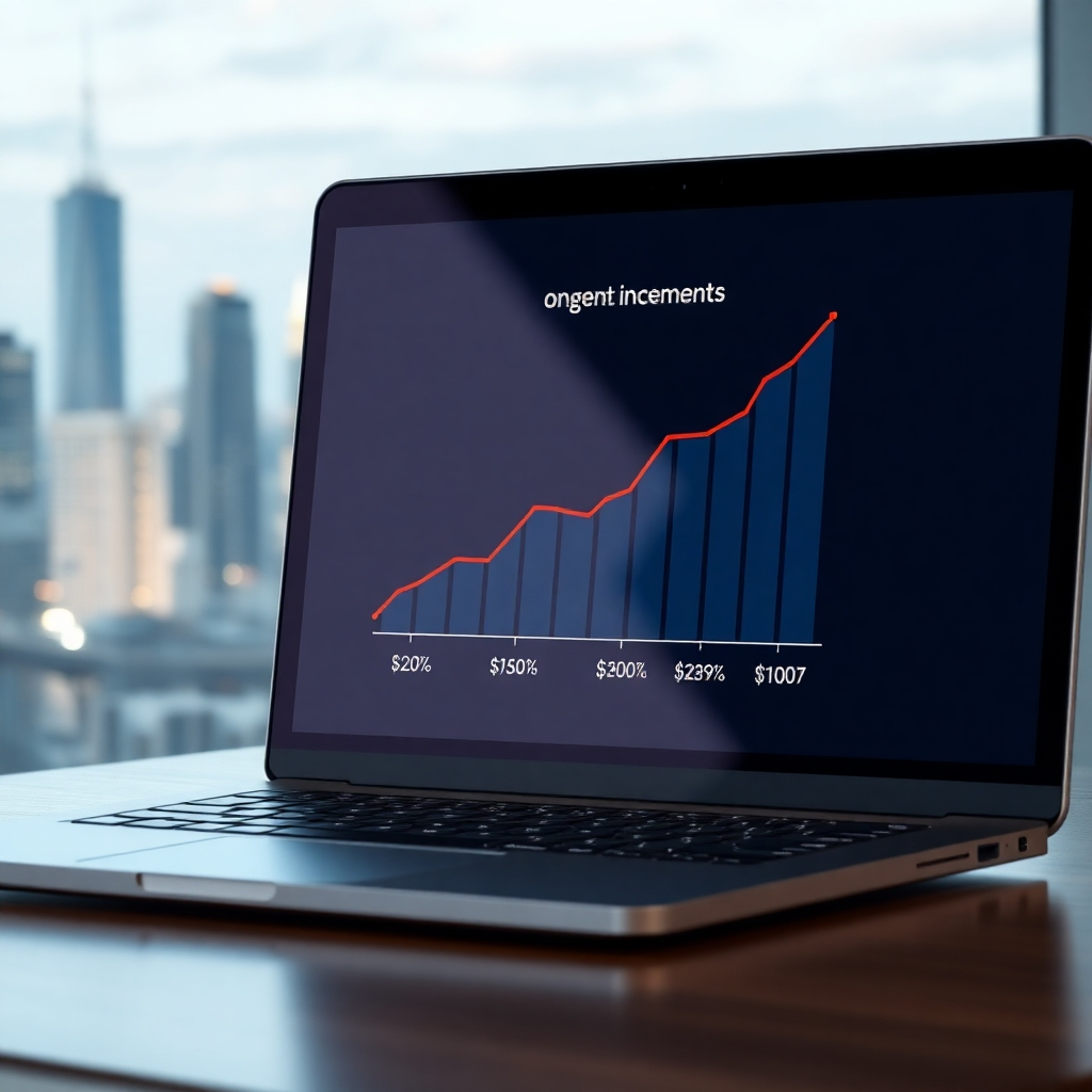 A photorealistic image of a laptop displaying a graph showing rental income increasing over time, with a city skyline in the background.  The graph should have clear labels indicating occupancy rate and rental income.  The overall mood should be positive and professional.