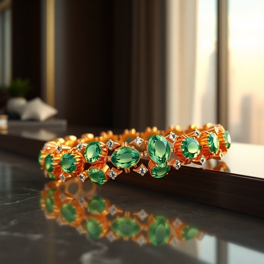A photorealistic image of a luxurious, golden bracelet adorned with light green gemstones.  The bracelet is resting on a smooth, dark surface, possibly marble or wood.  In the background, there is a subtle suggestion of wealth, perhaps a glimpse of a luxurious office or a beautiful cityscape. The image should project an aura of success, prosperity, and abundance.