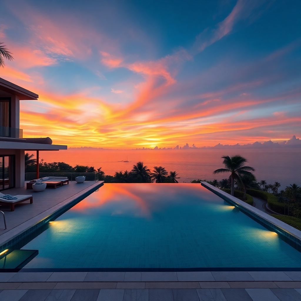 A photorealistic image of a luxurious Pattaya pool villa with a large infinity pool overlooking the ocean at sunset. The villa should have modern architecture, comfortable outdoor seating, and lush tropical landscaping.  The sky should be vibrant, with warm colors reflecting on the water.  Focus on the sense of tranquility and privacy.