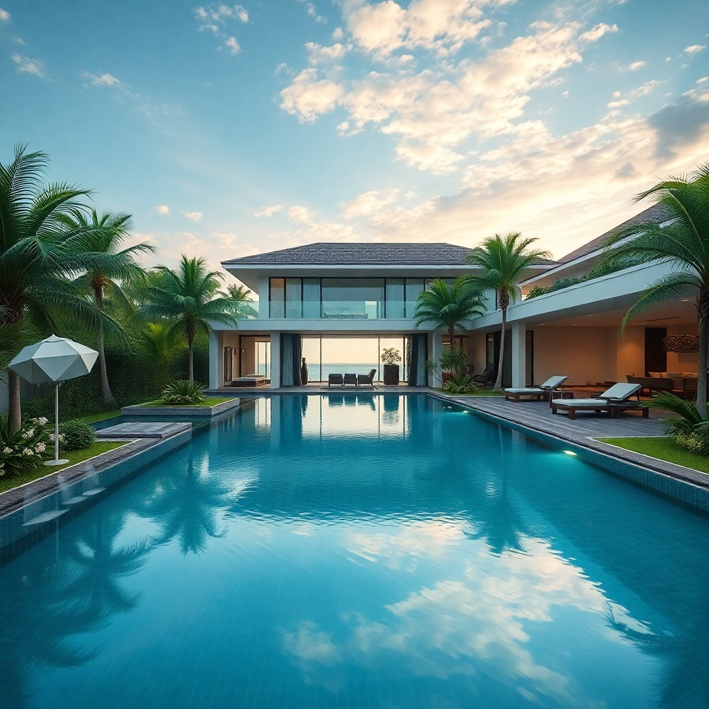 A photorealistic image of a luxurious private pool villa in Pattaya, Thailand. The villa should feature a large, infinity-edge swimming pool surrounded by lush tropical landscaping.  The architecture should be modern and elegant, with large windows and spacious outdoor living areas.  The image should evoke a sense of tranquility and exclusivity. High-resolution, detailed textures, and cinematic lighting are required.