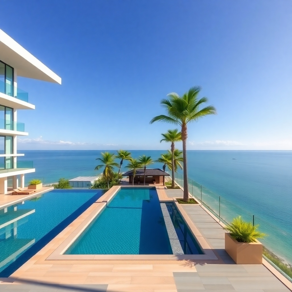 A photorealistic image of a luxurious beachfront condo in Pattaya, Thailand, with a stunning infinity pool overlooking the ocean.  The image should show a clear blue sky, palm trees, and a well-maintained property with modern architecture.  The scene should evoke a feeling of luxury and relaxation, suggesting high rental potential.  Focus on showcasing the beautiful views and high-end amenities.