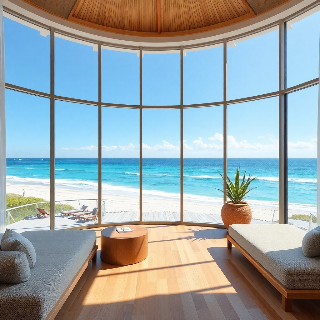 A photorealistic image of a luxurious beachfront room with floor-to-ceiling windows offering an unobstructed view of a beautiful beach. The image should be bright, with a focus on the stunning view and luxurious feel of the room. High attention to detail in textures and lighting is essential. Style reference:  High-end travel brochures.  Resolution: 4K