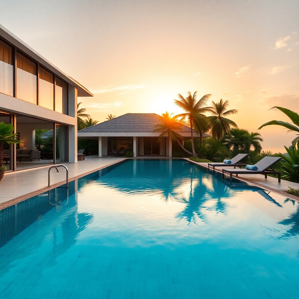 A photorealistic image of a luxurious private pool villa in Pattaya, Thailand. The villa should have a modern design with large windows overlooking a stunning infinity pool and lush tropical landscaping. The sun should be setting, casting a warm golden light on the scene.  The pool should be crystal clear, and comfortable lounge chairs should be visible around the pool area.  Focus on the feeling of tranquility and seclusion.