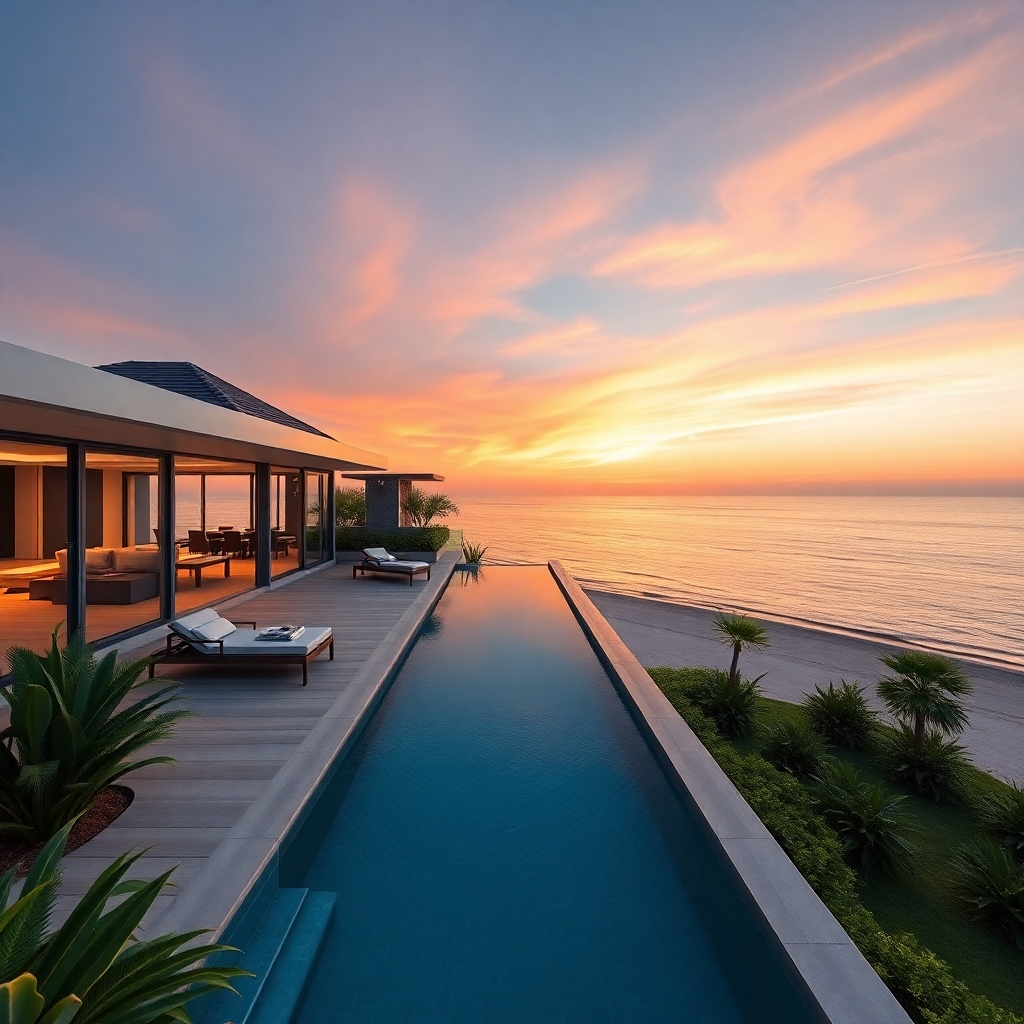 A photorealistic image of a luxurious beachfront villa in Pattaya. The villa should feature a private infinity pool overlooking the ocean, a spacious outdoor patio with comfortable lounge furniture, and a beautifully landscaped garden. The ocean should be calm and clear, with a vibrant sunset in the background. The style should be contemporary and luxurious.