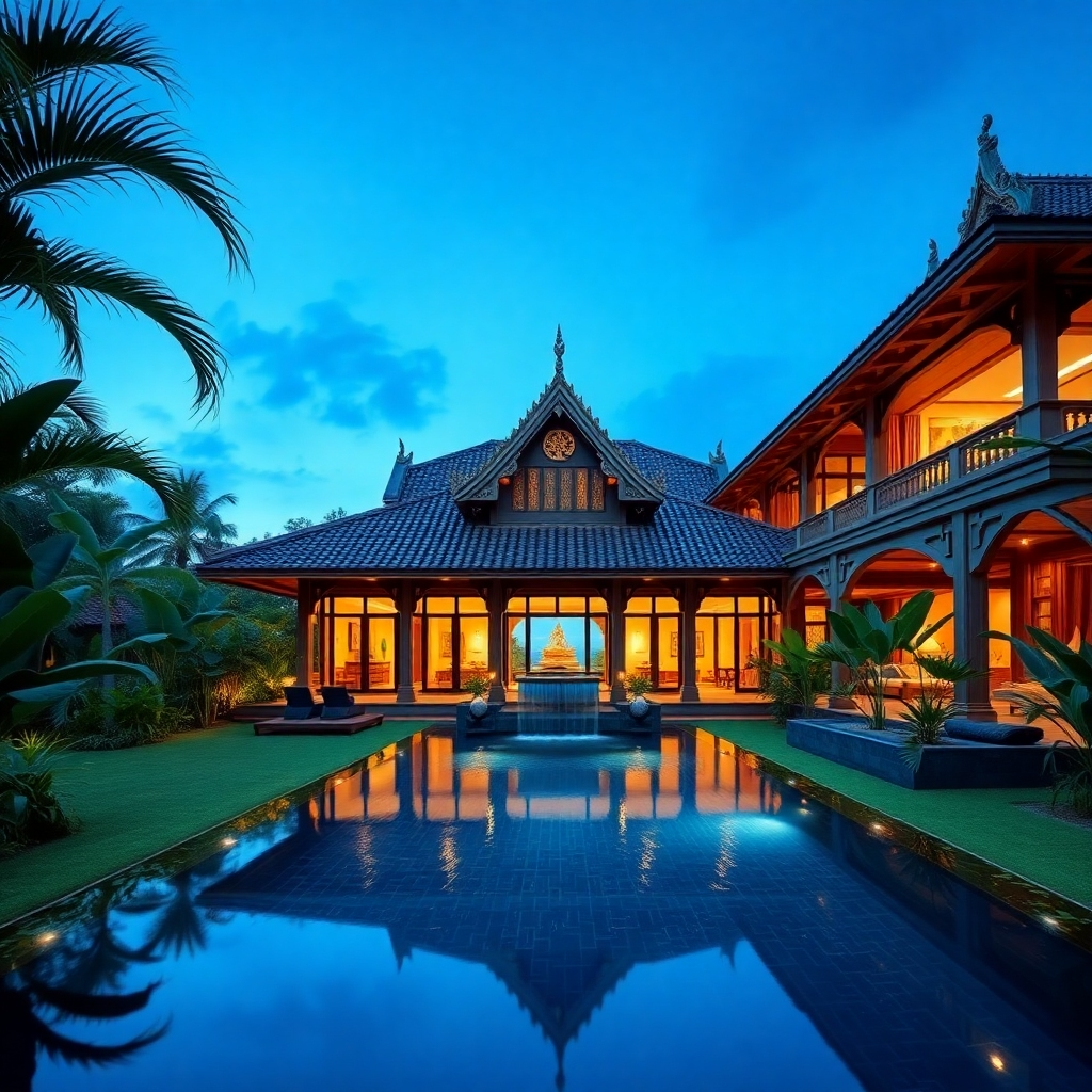 A photorealistic image of a luxurious Thai-contemporary style pool villa in Pattaya. The villa should feature traditional Thai architectural elements such as intricate wood carvings and ornate details, but with a modern twist in its clean lines and minimalist interior.  The pool should be a stunning feature, perhaps with a waterfall or other water feature. Lush tropical gardens should surround the property.  The lighting should be soft and natural, showcasing the beauty of the architecture and the surrounding landscape. The image should convey a sense of peace and tranquility.
