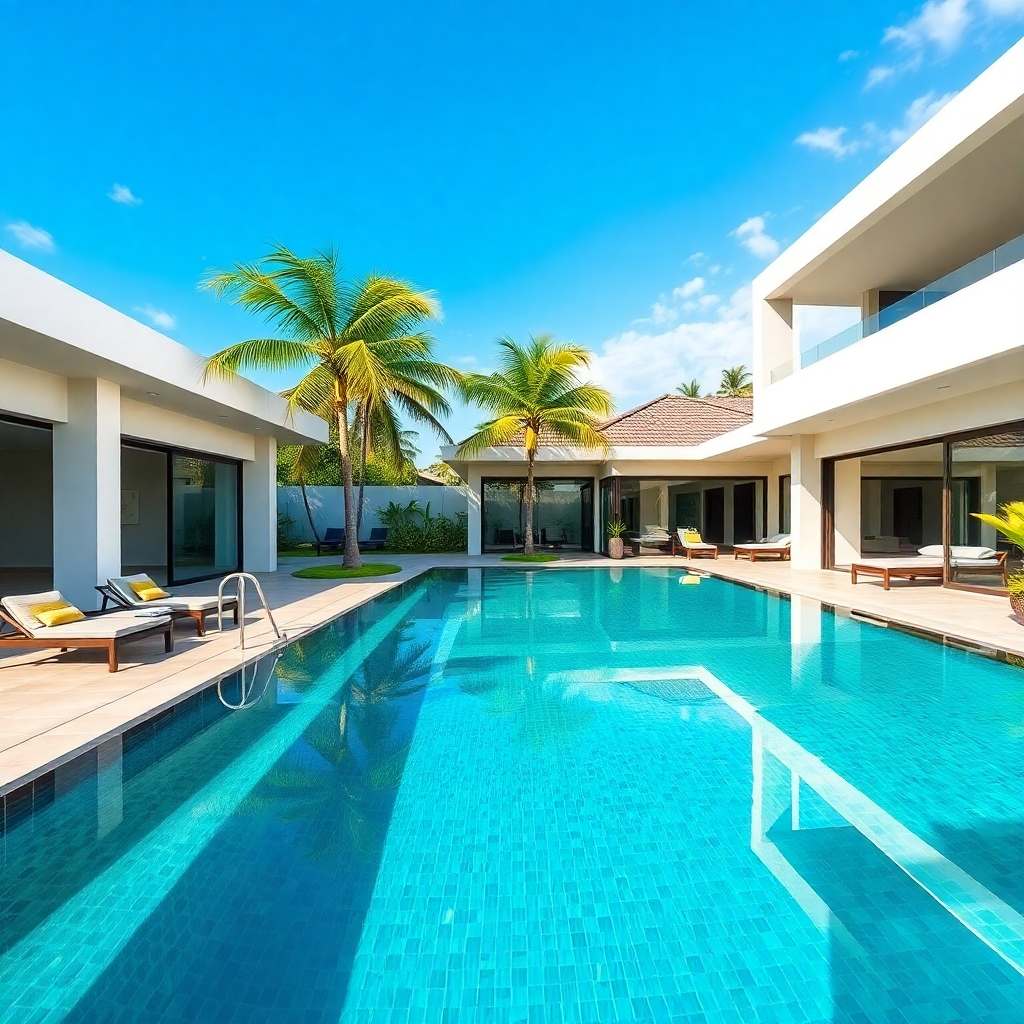 A photorealistic image of a luxurious modern pool villa in Pattaya, Thailand. The villa should feature a large private infinity pool overlooking a tropical garden, with palm trees and lush greenery. The pool should be crystal clear, reflecting the bright sunlight. The villa itself should have clean lines, large windows, and a contemporary design.  The overall atmosphere should be one of serene luxury and tranquility. The image should be vibrant and detailed, showcasing the beauty of the villa and its surroundings.  Include comfortable outdoor furniture around the pool. High resolution, 8k