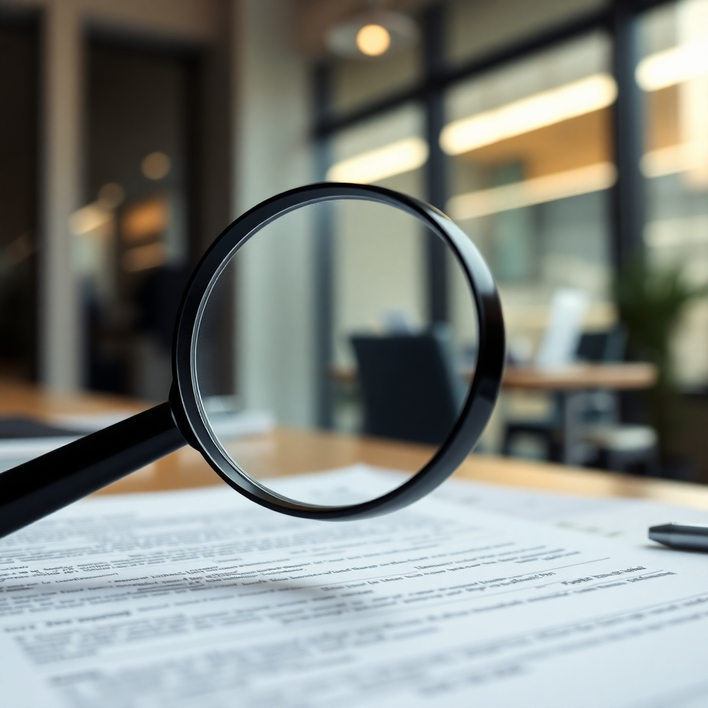 A photorealistic image of a magnifying glass hovering over a perfectly completed document, highlighting the absence of errors. The background is a blurred office environment, emphasizing the focus on detail. The lighting is precise and illuminating, showcasing the clarity and accuracy of the document. Camera angle is a close-up, emphasizing the meticulousness.