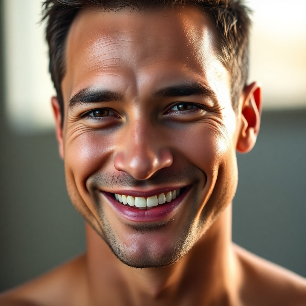 A photorealistic image of a man's confident smile, focusing on healthy, smooth skin on his face and neck.  The background should be blurred, and the lighting should be soft and natural.  The overall mood should be one of self-assuredness and well-being. The image should suggest a natural improvement in skin texture and tone.