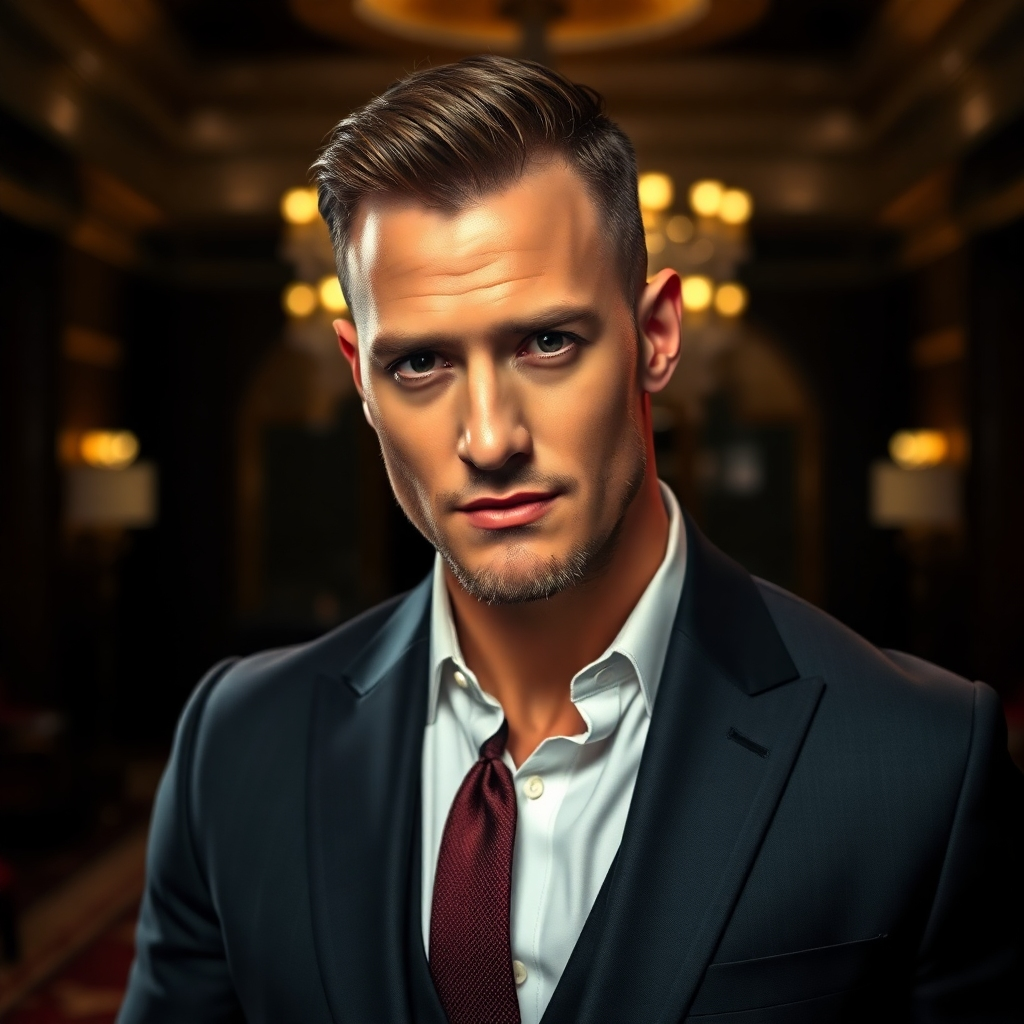 A photorealistic image of a man looking confidently at the camera, dressed in a sharp, sophisticated outfit. The lighting should be dramatic and stylish, emphasizing his strong features and physique. The background should be a luxurious setting, suggesting success and confidence.
