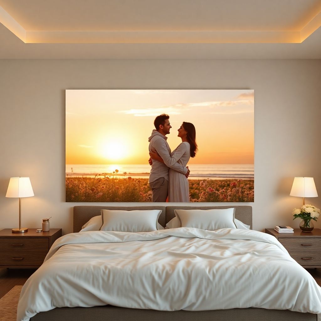A photorealistic image of a master bedroom featuring an acrylic print depicting a happy couple embracing in a scenic natural setting, such as a field of wildflowers or a beach at sunset. The image should be warm, romantic, and inviting, with soft lighting and a high level of detail.  The print should be displayed prominently on the wall, and the bedroom should be styled to enhance the sense of intimacy and love.