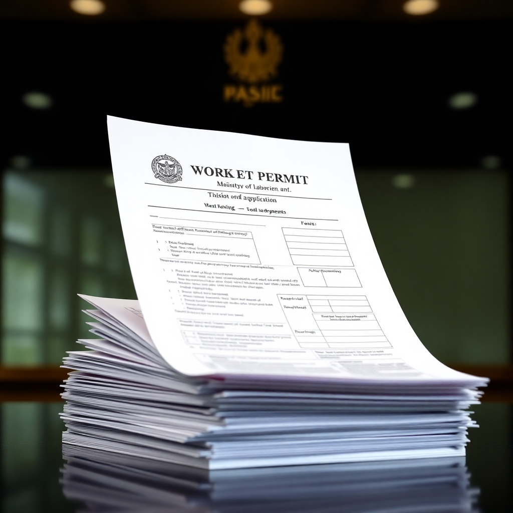 A photorealistic image of a meticulously prepared work permit application, complete with all necessary supporting documents. The background is a blurred image of the Thai Ministry of Labour. The lighting is professional and authoritative, emphasizing the importance of the document. Camera angle is a medium shot, showcasing the thoroughness of the application.