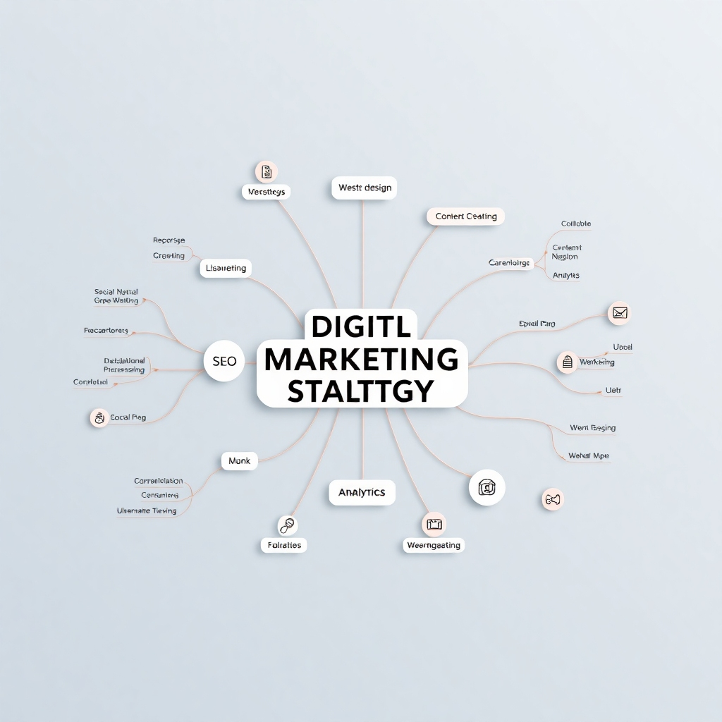 A photorealistic image of a mind map or flowchart visually representing a comprehensive digital marketing strategy. The elements should include website design, content creation, SEO, social media marketing, and analytics.  The visual should be clean, modern, and easy to understand, emphasizing the interconnectedness of the strategy components.