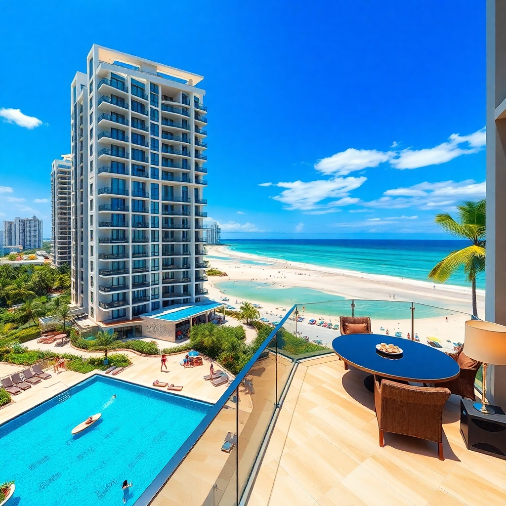 A photorealistic image of a modern condominium overlooking a vibrant Pattaya beach, with clear blue skies and several tourists enjoying the beach and water activities in the background.  The condo should look luxurious and well-maintained, emphasizing high rental appeal. The image should have a warm, inviting atmosphere, highlighting the beautiful scenery and the potential for high rental income.  Focus on showcasing the luxury and the view from the condo.