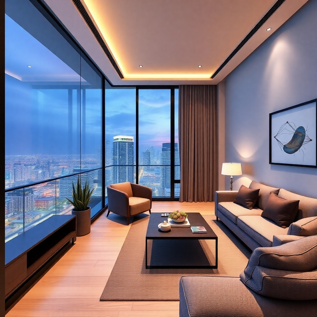 A photorealistic image of a modern condo in Pattaya with a stunning city view from the balcony. The image should convey a feeling of modern luxury and convenience, featuring high-quality furnishings and amenities. Style reference: Architectural photography. Resolution: 4K