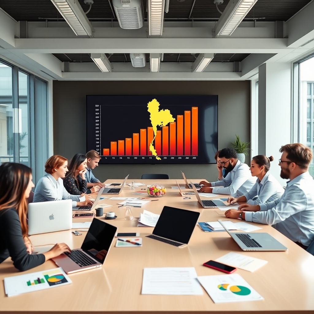 A photorealistic image of a modern office with diverse team of marketing professionals collaborating around a large table. The table is covered with laptops, smartphones, marketing reports, and a map of Thailand. A large screen displays a graph showing positive upward sales trend. The atmosphere is dynamic and collaborative, with a feeling of success and achievement. The overall aesthetic should be clean, bright, and modern.