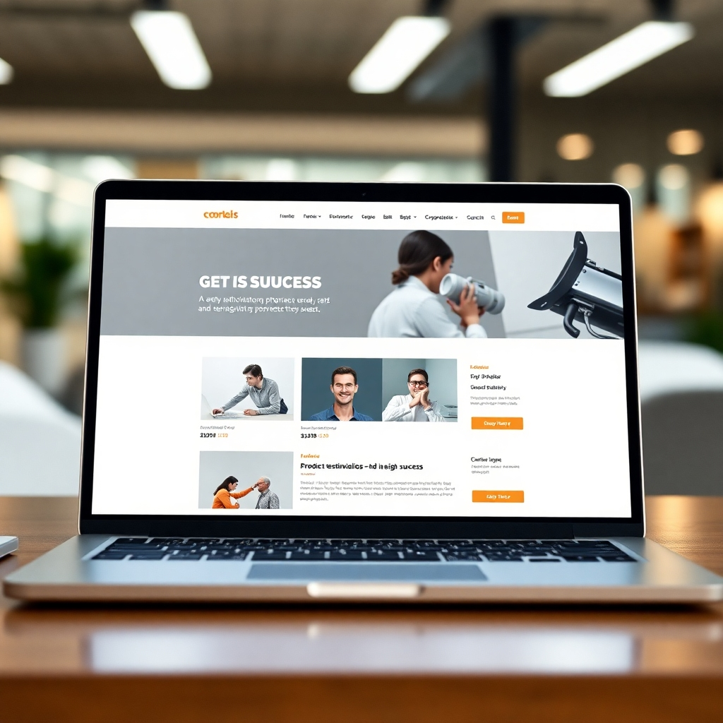 A photorealistic image of a modern, clean website design on a laptop screen, with product images and customer testimonials visible. The background should be a blurred office setting, suggesting productivity and success.  The overall mood is professional and inviting.