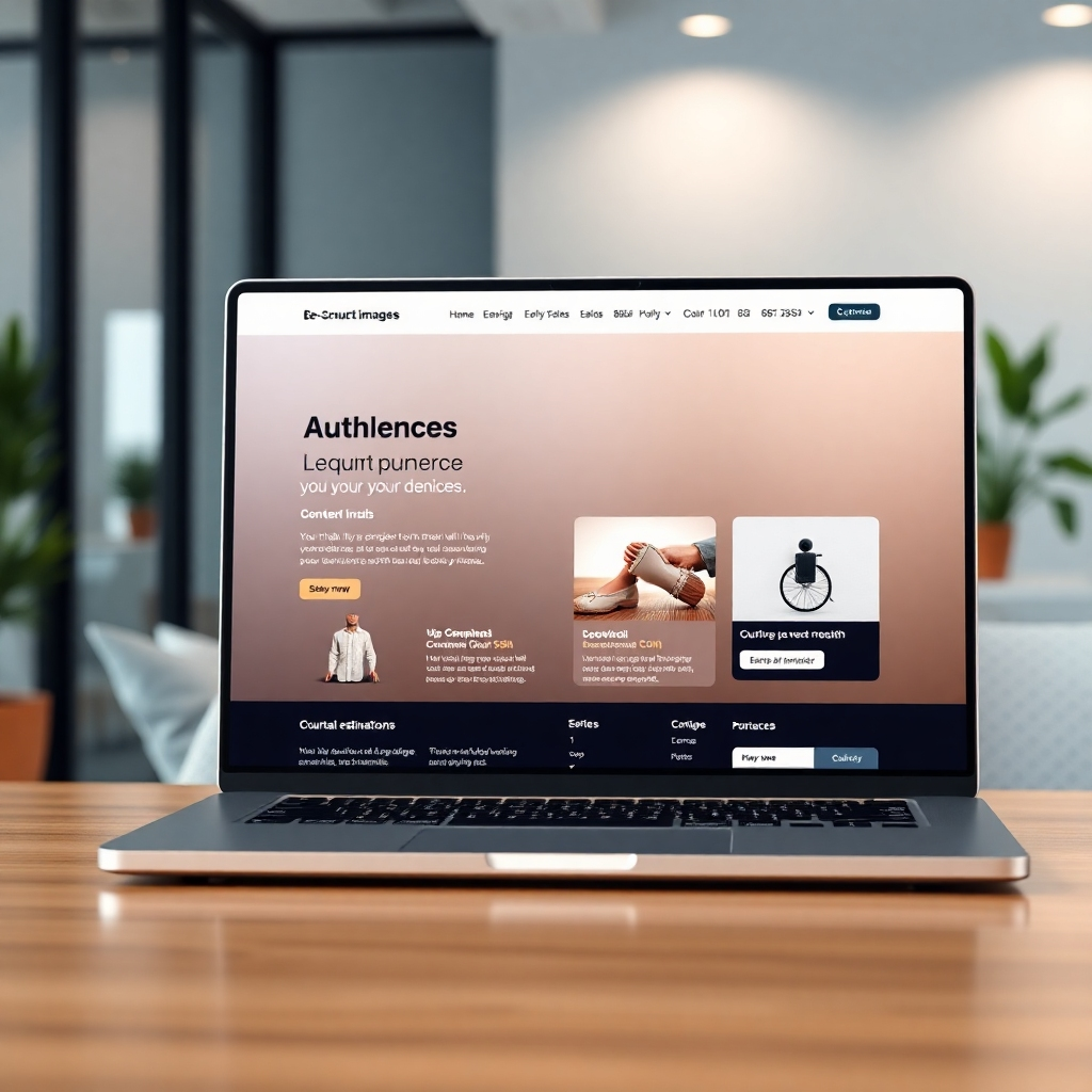 A photorealistic image of a modern and professional-looking e-commerce website on a laptop screen. The website should feature high-quality product images, customer testimonials, and contact information. The background should be a clean and minimalist office space, emphasizing professionalism and trust.