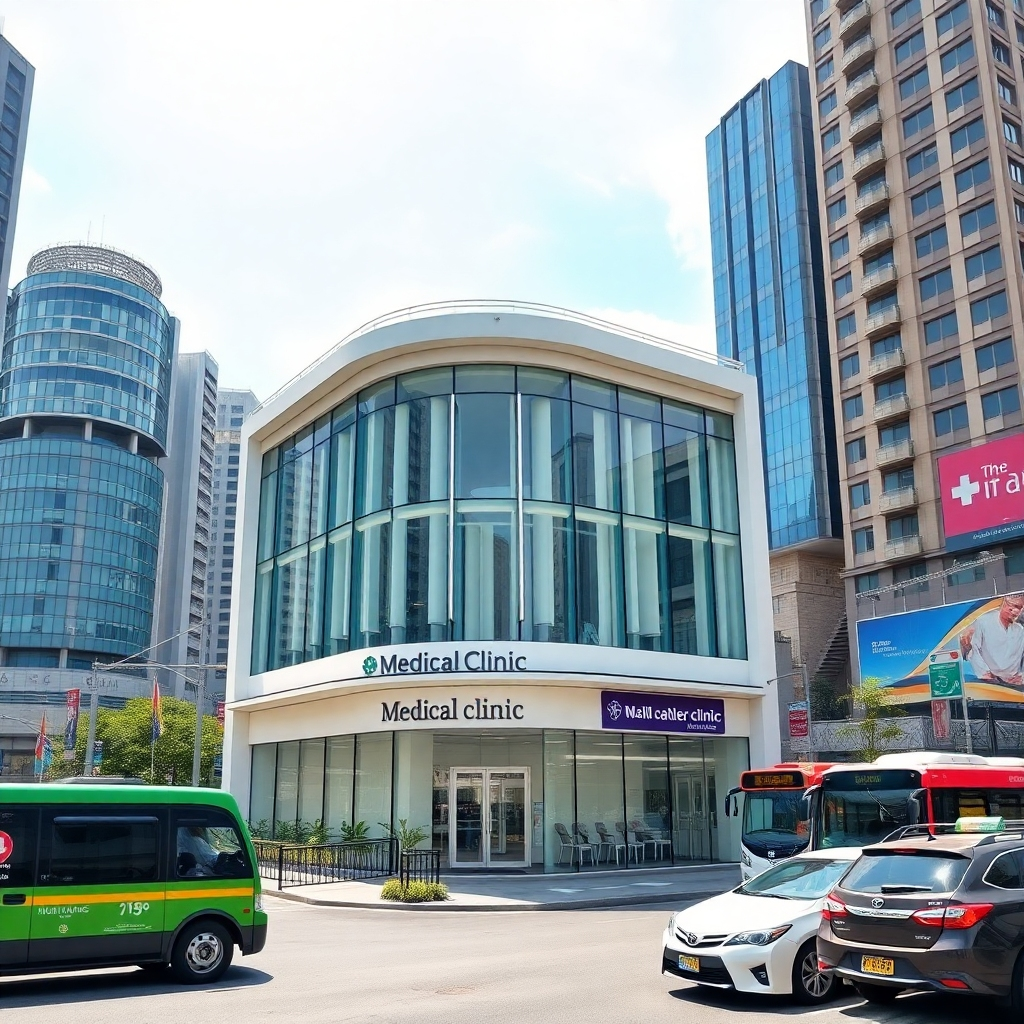 A photorealistic image of a modern medical clinic building located in a busy city center, with visible landmarks like skyscrapers and bustling streets in the background. The clinic should have a clean, professional exterior, and clear signage indicating its name in both Thai and English.  The time of day should be bright and sunny, enhancing the overall visibility and appeal.  The image should showcase the ease of access to the clinic via various modes of transportation, such as cars, buses, and foot traffic.