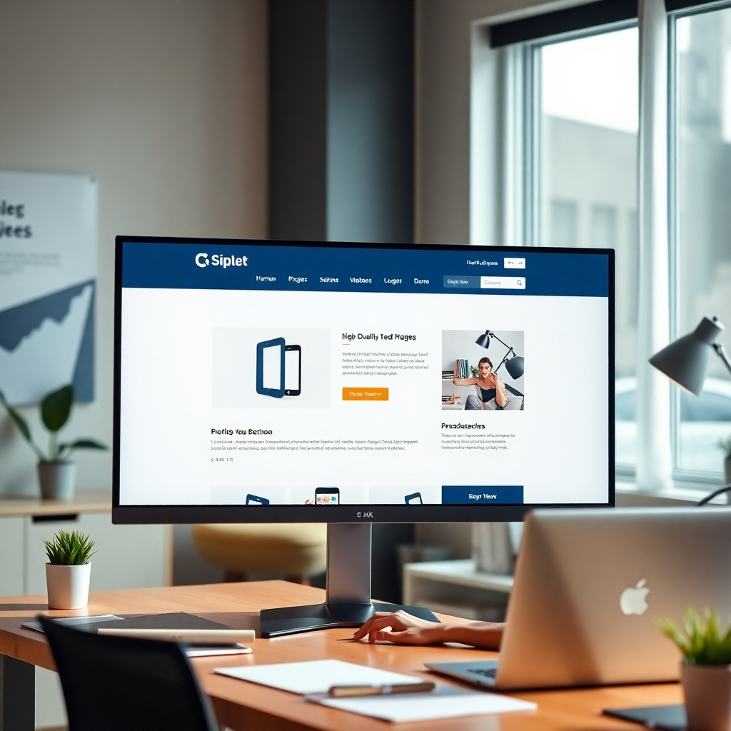 A photorealistic image of a modern, clean-designed website displayed on a large monitor.  The website showcases a professional logo, high-quality product images, positive customer reviews, and a clear call to action. The background depicts a successful solopreneur working in a comfortable yet productive workspace, with subtle branding elements visible.