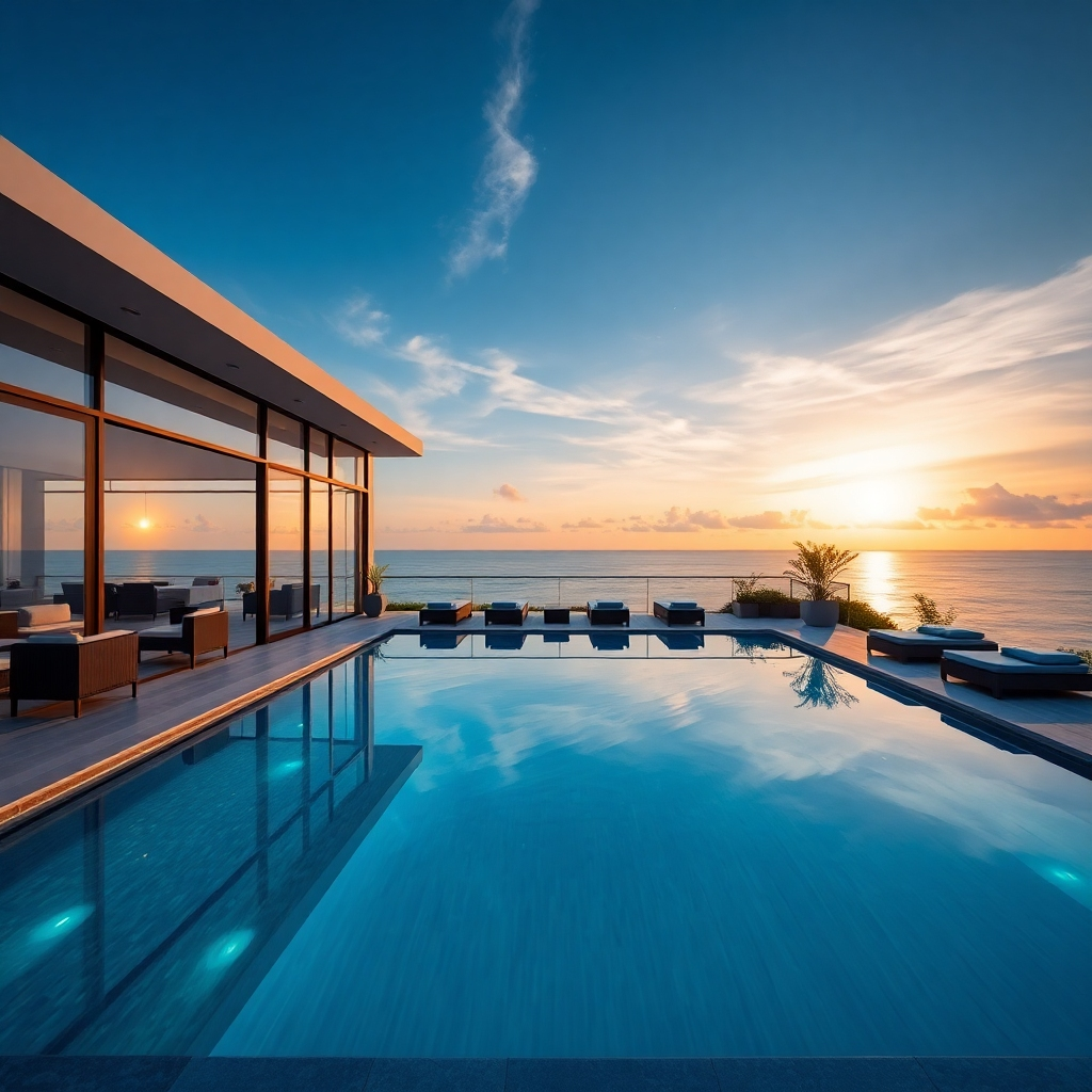 A photorealistic image of a modern, luxurious pool villa in Pattaya, Thailand. The villa should have large glass windows showcasing stunning ocean views, a spacious infinity pool with clear turquoise water, and comfortable outdoor lounge furniture. The style should be contemporary with clean lines and elegant decor. The sun should be setting, casting a warm golden light on the scene. High resolution, 8k quality, detailed textures, cinematic lighting