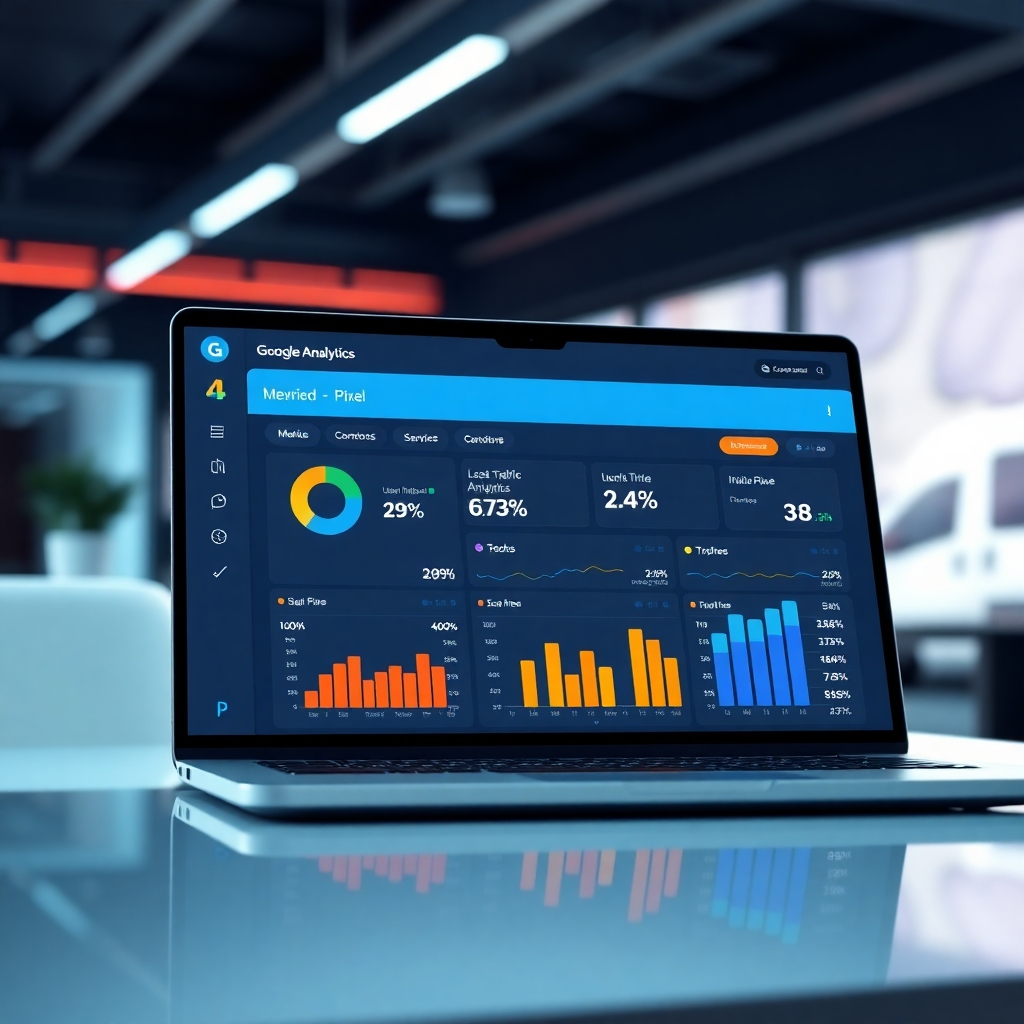 A photorealistic image of a modern dashboard displaying real-time data from Google Analytics 4, Facebook Pixel, and TikTok Pixel. The dashboard should show key metrics like website traffic, user engagement, and conversion rates, with vibrant colors and clear visualizations. The background should be a sleek, modern office setting with a laptop displaying the dashboard.