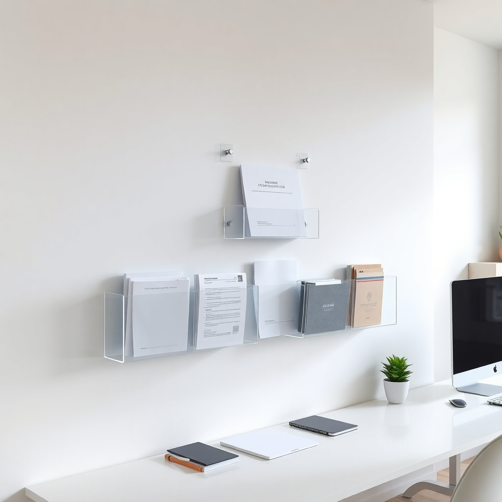 A photorealistic image of a modern home office with several acrylic document holders on a white wall, each holding different types of documents.  The image should emphasize the organization and efficiency provided by the holders.  The background should be a stylish home office setup, possibly with a minimalist desk and other organized elements.