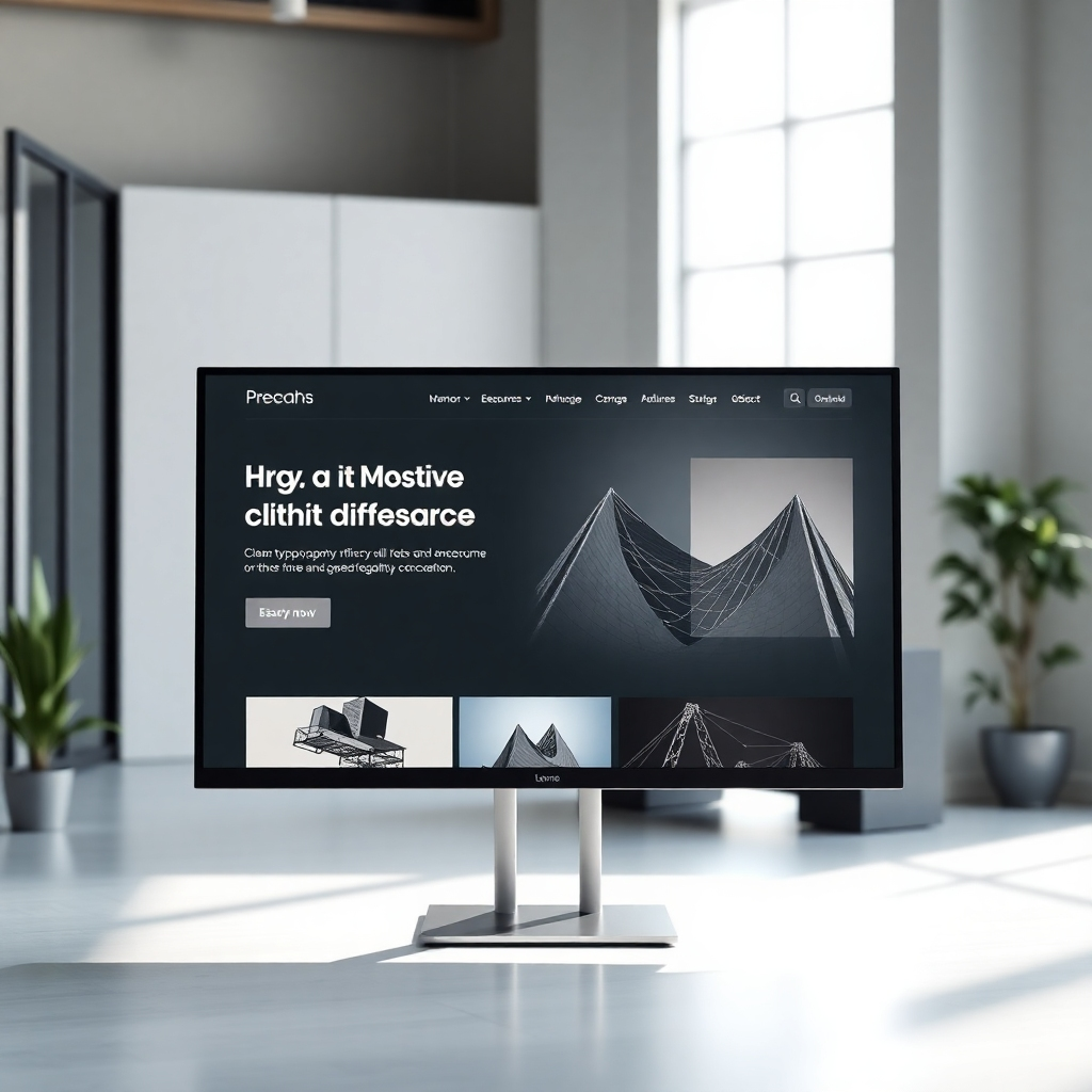 A photorealistic image of a modern and sleek corporate website design on a large monitor, showcasing clean typography, high-quality images, and intuitive navigation. The background should be a minimalist office setting with natural light.