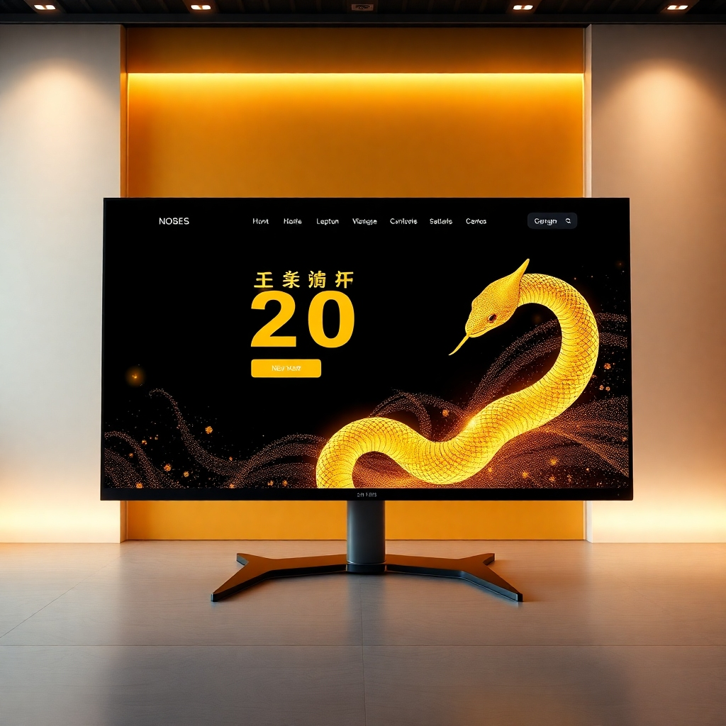 A photorealistic image of a modern, sleek website design on a large monitor, showcasing a New Year's theme with gold and sparkling elements. The background should subtly feature a snake, symbolizing the year of the snake in the Chinese zodiac, and the overall aesthetic should convey a sense of sophistication and professionalism.