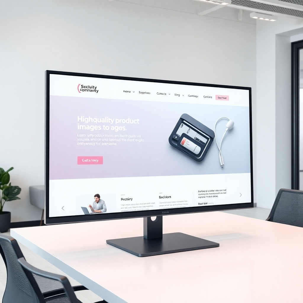 A photorealistic image of a modern, clean and professional-looking website design on a large screen, showcasing high-quality product images, easy navigation and customer testimonials. The background should be a minimalist, modern office setting.