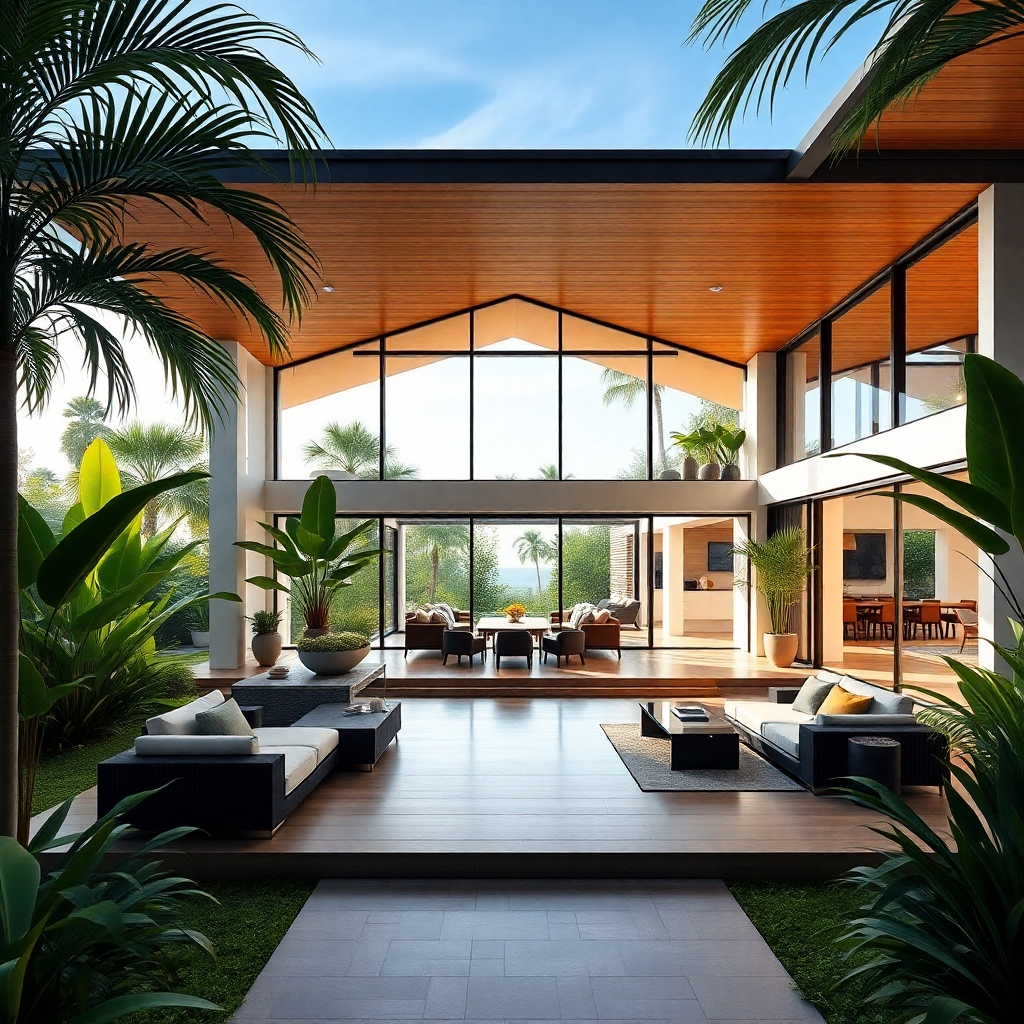 A photorealistic image of a modern Thai-style house with large windows and a spacious open-plan living area. The image should showcase the house's exterior and interior simultaneously, highlighting the seamless transition between indoor and outdoor spaces.  Include lush tropical landscaping around the house.  The style should be bright, airy, and inviting.