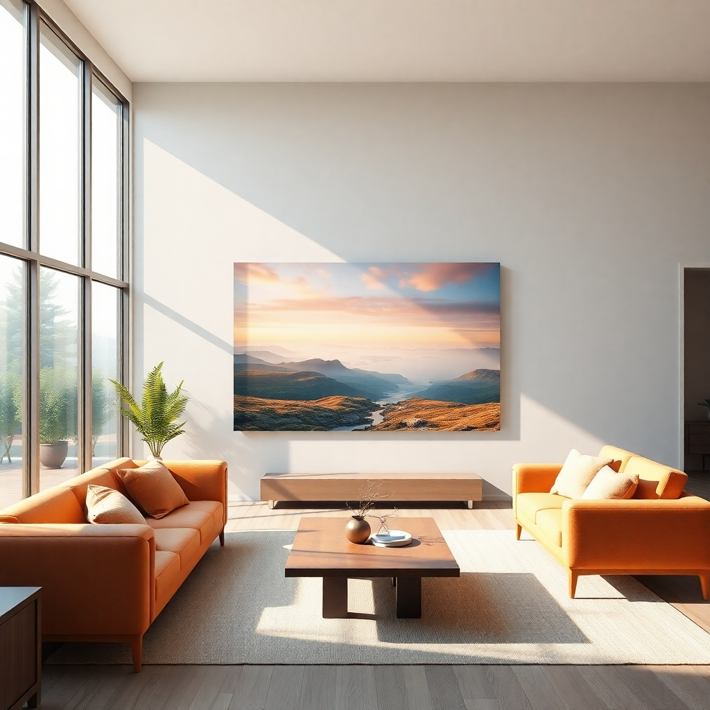 A photorealistic image of a modern living room, featuring a large UV-printed artwork on the wall depicting a serene landscape. The artwork is mounted on acrylic, showcasing vibrant colors and sharp details.  Natural light streams through a large window, illuminating the artwork and the comfortable furniture. The overall atmosphere is peaceful and inviting.