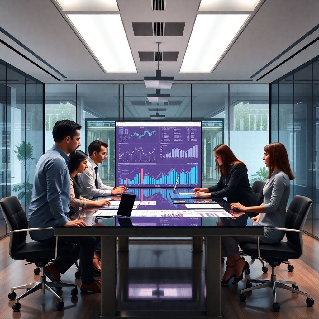 A photorealistic image of a modern, sleek office space with a team of professionals collaborating around a large table displaying financial charts and graphs, with a sense of organized efficiency and productivity. The image should evoke a feeling of trust and financial security.