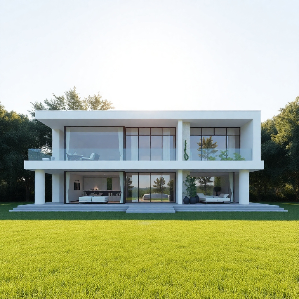 A photorealistic image of a modern, spacious house with large windows and a minimalist design.  The house should be surrounded by a lush green lawn and trees.  The image should evoke a feeling of tranquility and luxury.  The lighting should be natural and warm, with the sun shining brightly.  The overall style should be clean, modern, and inviting.